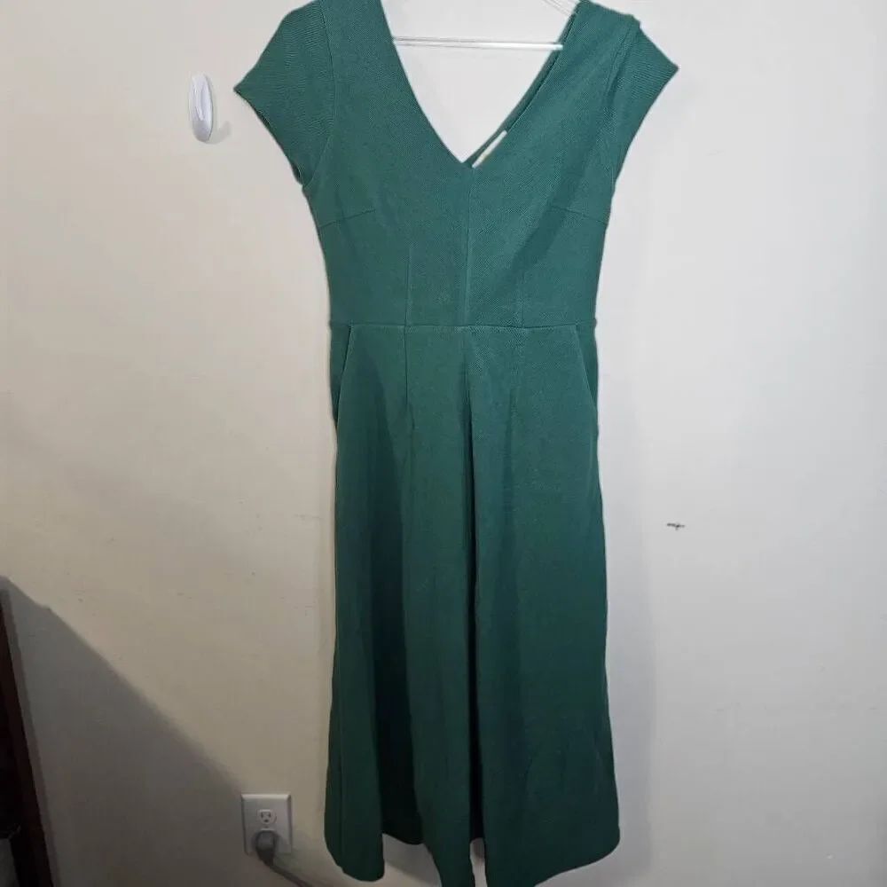 Boden Cotton Belle V-Neck Ottoman Fit & Flare Midi Dress 4L Women's Green J0699.